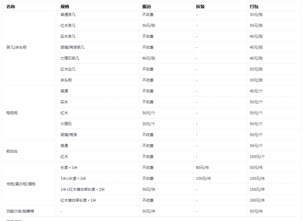 家庭搬家价格收费表